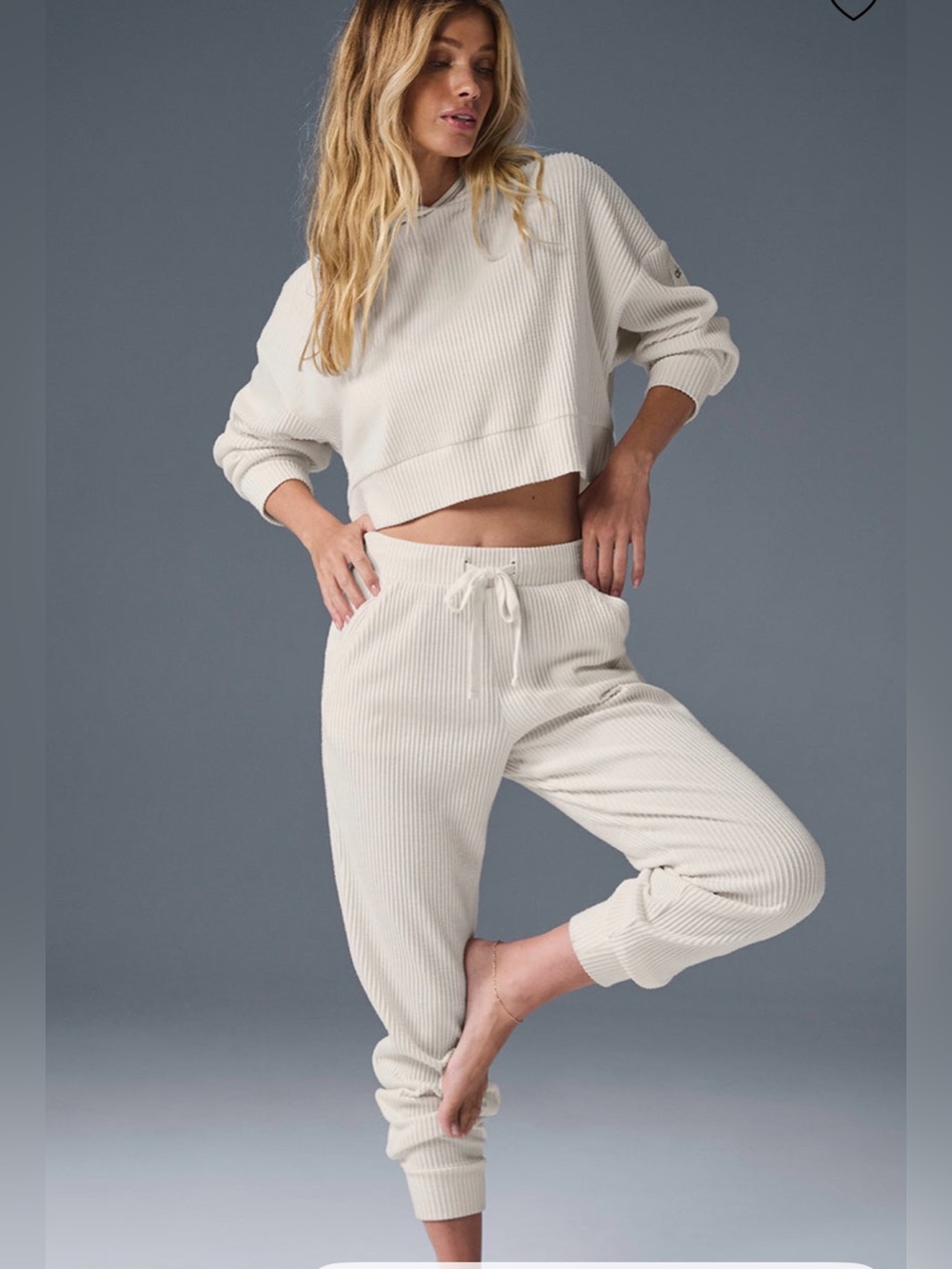 Alo Muse Cropped Ribbed Lounge Set in Ivory Top XS, Sweat bottom XXS